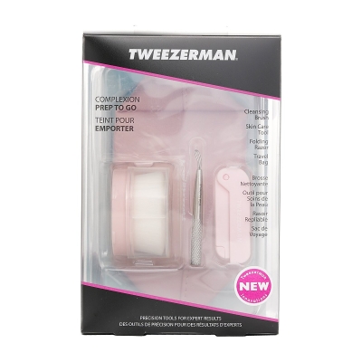 Tweezerman Complexion Prep To Go Set: Cleansing Brush + Skin Care Tool + Folding Razor + Travel Bag 3pcs + 1 Bag