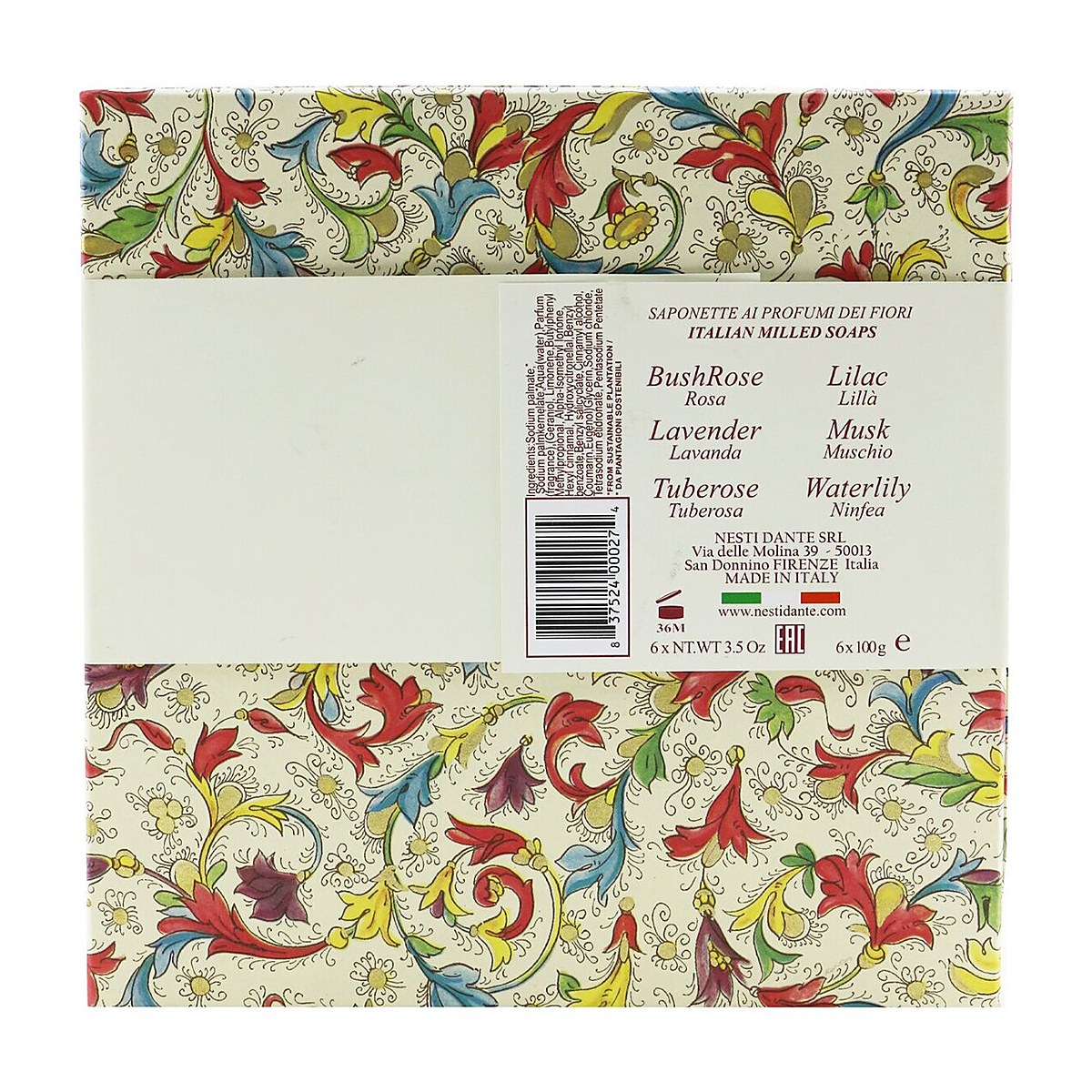 Nesti Dante Floral Notes -saippuasetti: (Lila + BushRose + Tuberose + Lavender + Waterlily + Myski) 6x 100g/3.5oz