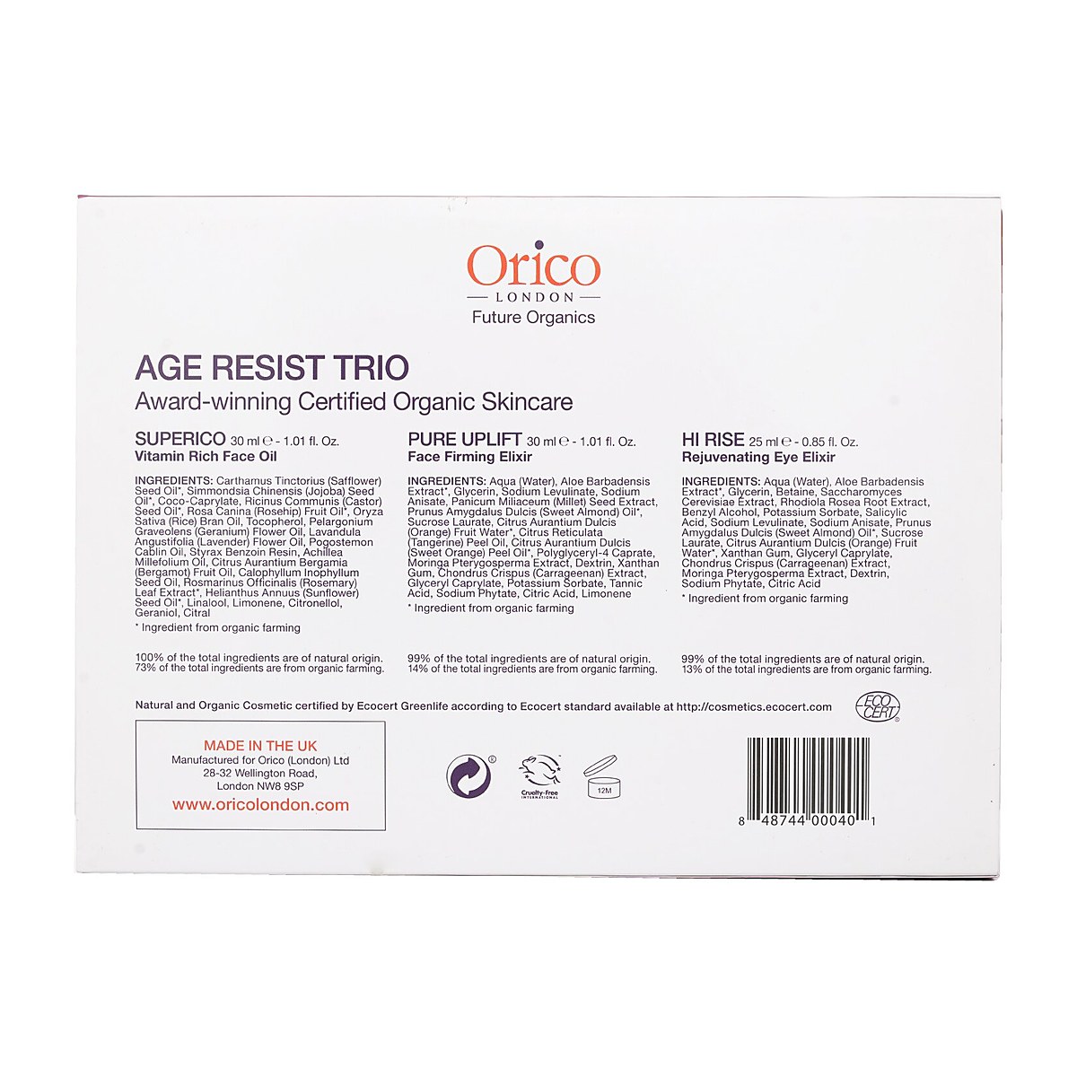 Orico London Age Resist &Tau;&rho;&iota;&pi;&lambda;ό: Έ&lambda;&alpha;&iota;&omicron; &Pi;&rho;&omicron;&sigma;ώ&pi;&omicron;&upsilon; 30ml/1.01oz + &Sigma;&upsilon;&sigma;&phi;&iota;&kappa;&tau;&iota;&kappa;ό &Epsilon;&lambda;&iota;&xi;ί&rho;&iota;&omicron; 30ml/1.01oz + &Epsilon;&lambda;&iota;&xi;ί&rho;&iota;&omicron; &Mu;&alpha;&tau;&iota;ώ&nu; 25ml/0.85oz 3pcs