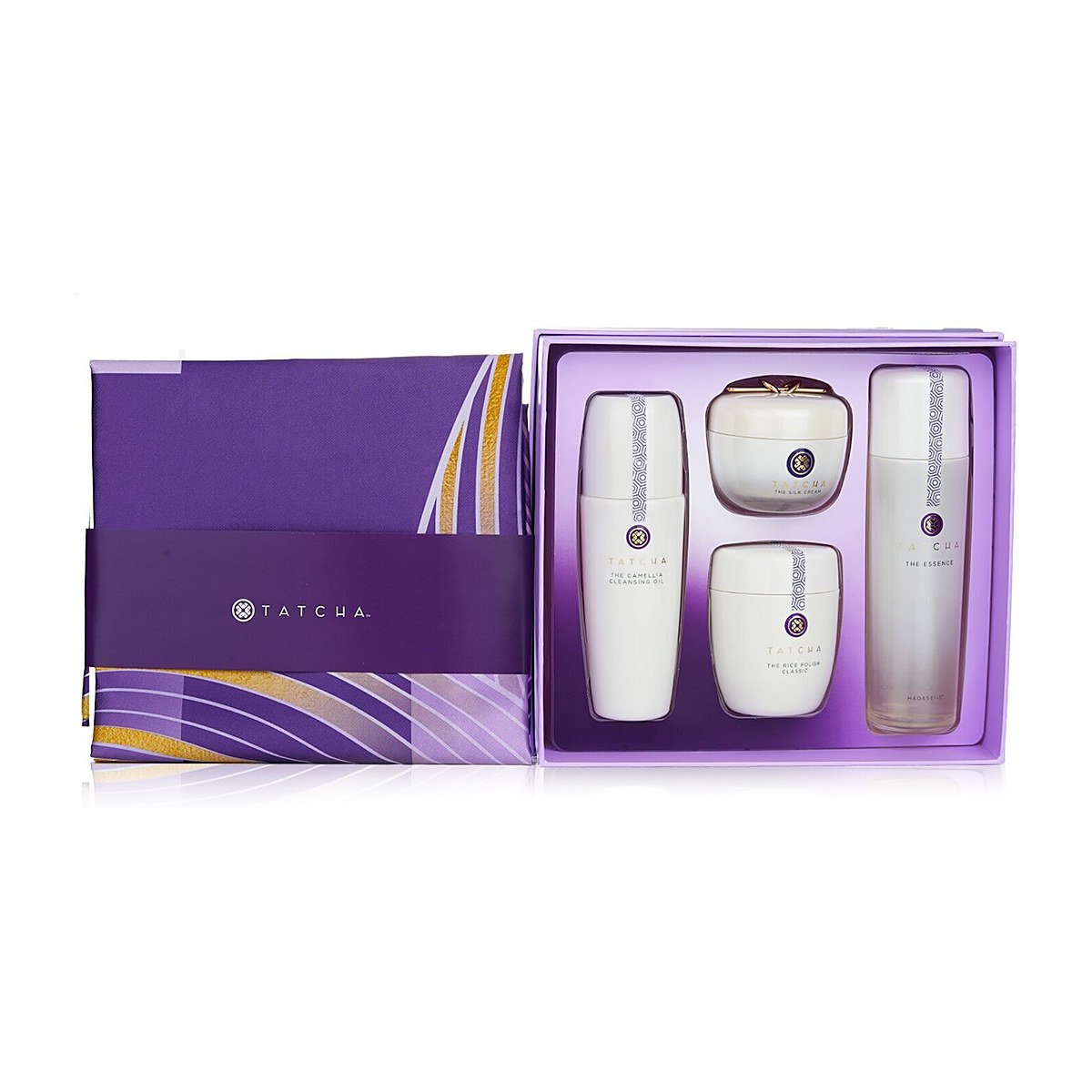 Tatcha Ritual For Firm Skin -setti: Camellia Cleansing Oil 150ml + Essence 150ml + Silk Cream 50ml + Rice Polish 60g 4pcs