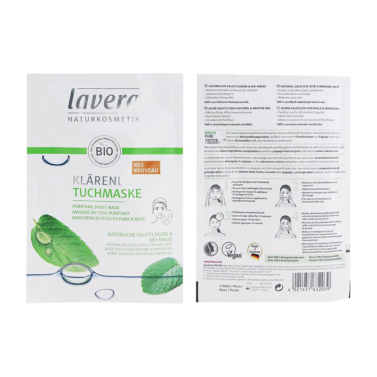 Lavera Sheet Mask - puhdistava (luonnollinen salisyylihappo ja luomu minttu) 1sheet