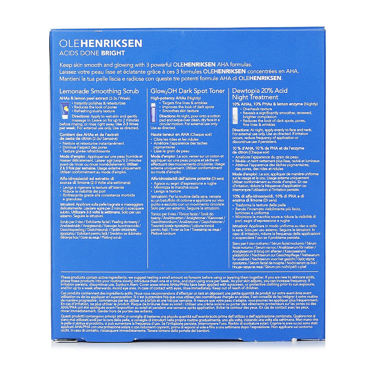Ole Henriksen ชุด Acids Done Bright: สครับน้ำมะนาว 30g + Glow2OH Dark Spot Toner 65ml + Dewtopia 20% Acid Night Treatment 15ml 3pc