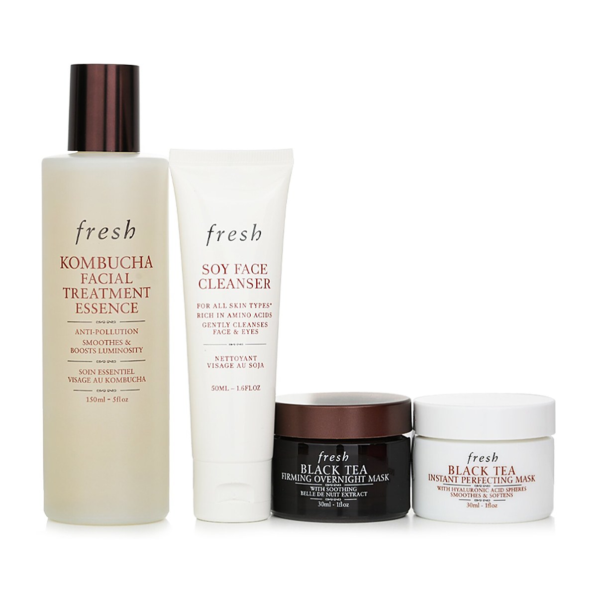Fresh Black Tea Set: Soy Face Cleanser+Kombucha F.T. Essence+Instant Perfecting Mask+Firming Overnight Mask 4pcs