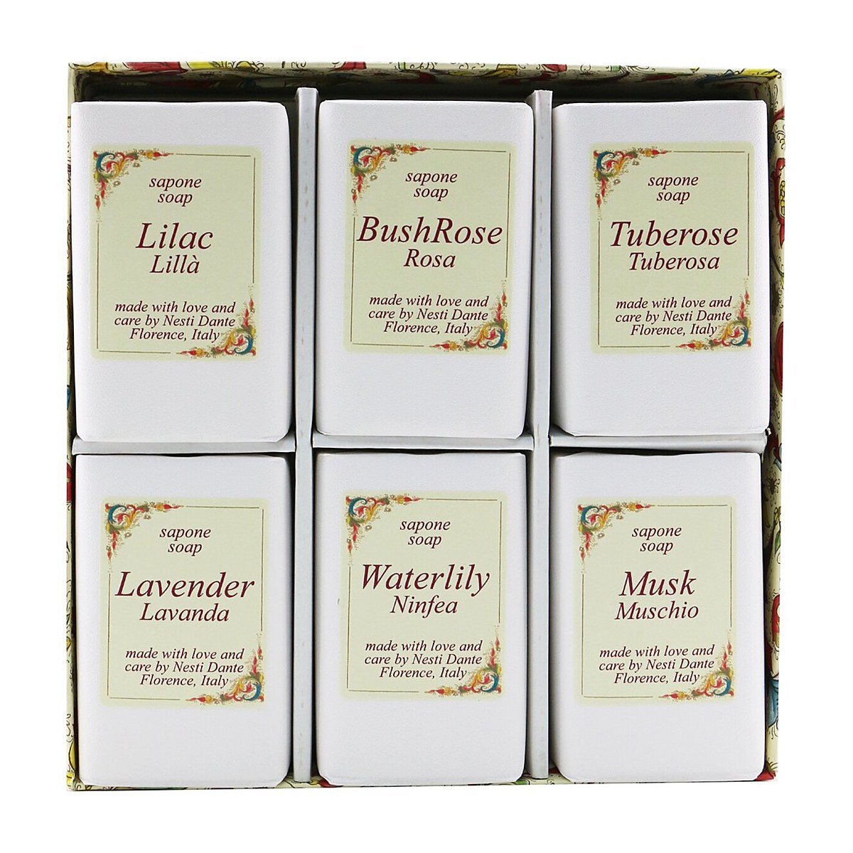 Nesti Dante Floral Notes -saippuasetti: (Lila + BushRose + Tuberose + Lavender + Waterlily + Myski) 6x 100g/3.5oz