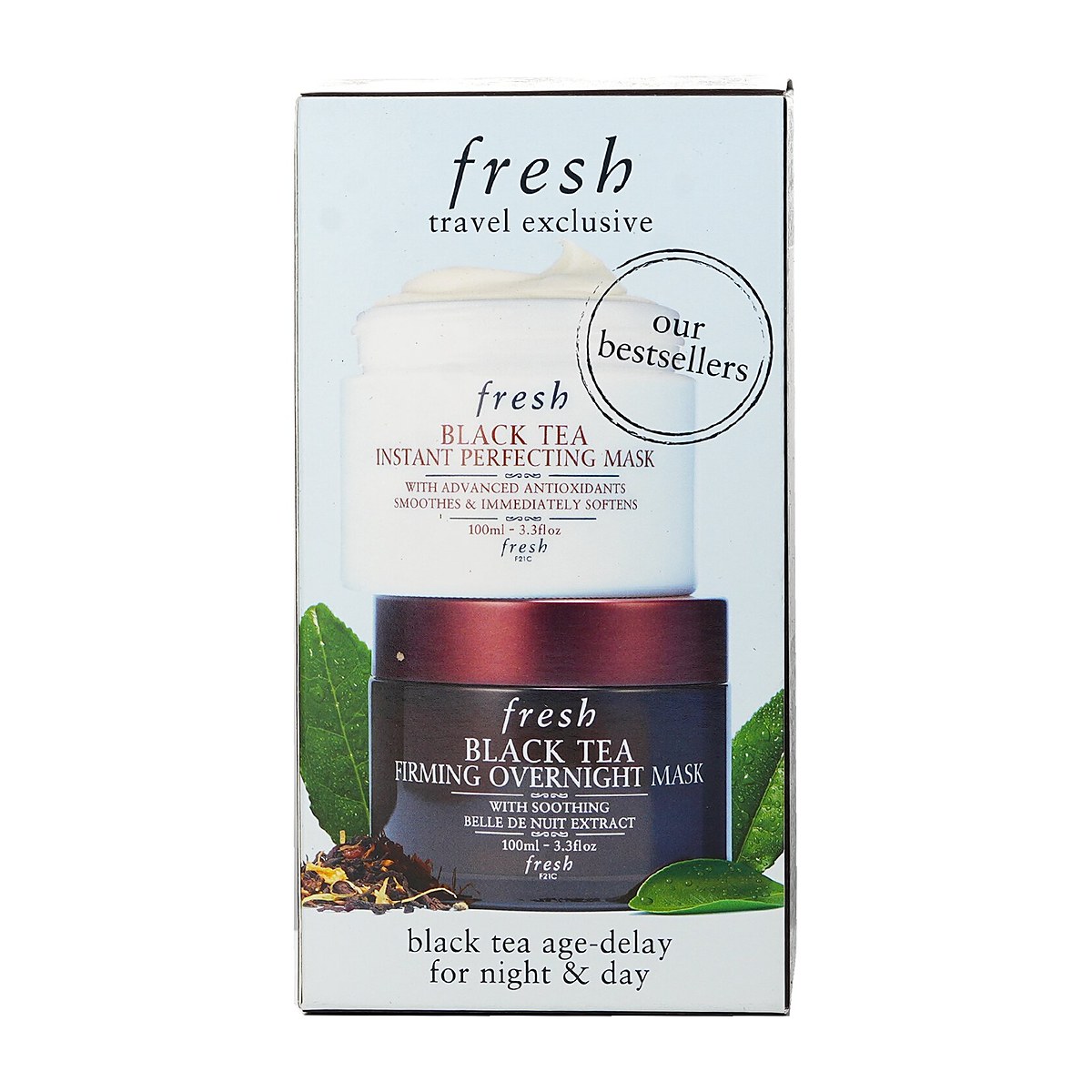 Fresh Black Tea Age-Delay For Night & Day -setti: Black Tea Instant Perfecting -naamio 100 ml + Black Tea kiinteytt&auml;v&auml; y&ouml;n yli naamio 100 ml 2x100ml/3.3oz