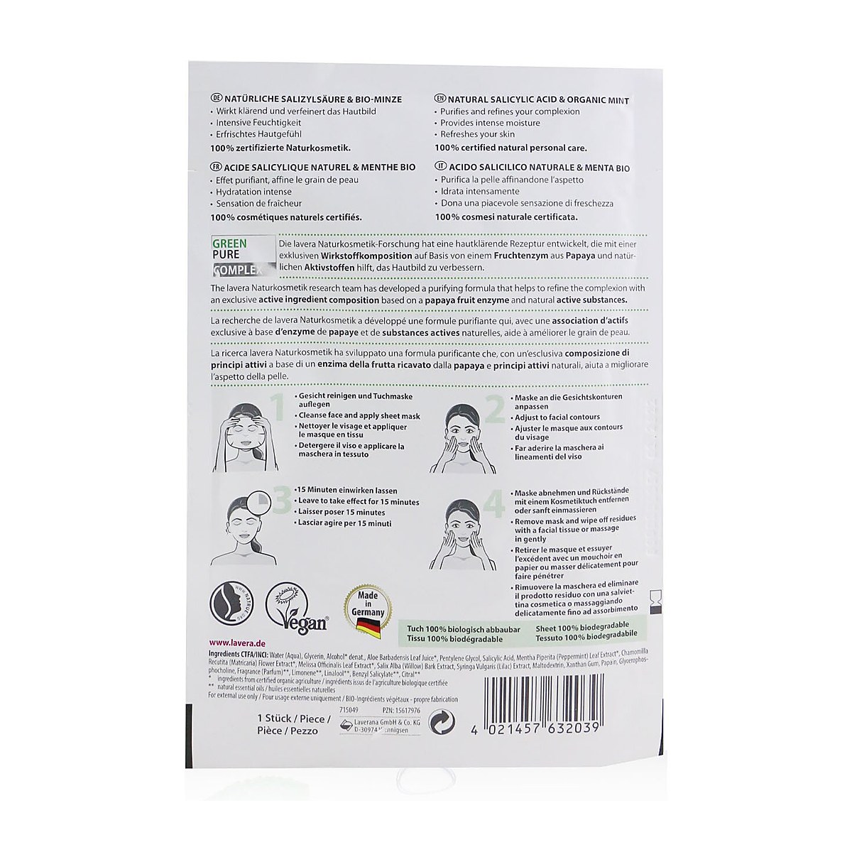 Lavera Sheet Mask - puhdistava (luonnollinen salisyylihappo ja luomu minttu) 1sheet