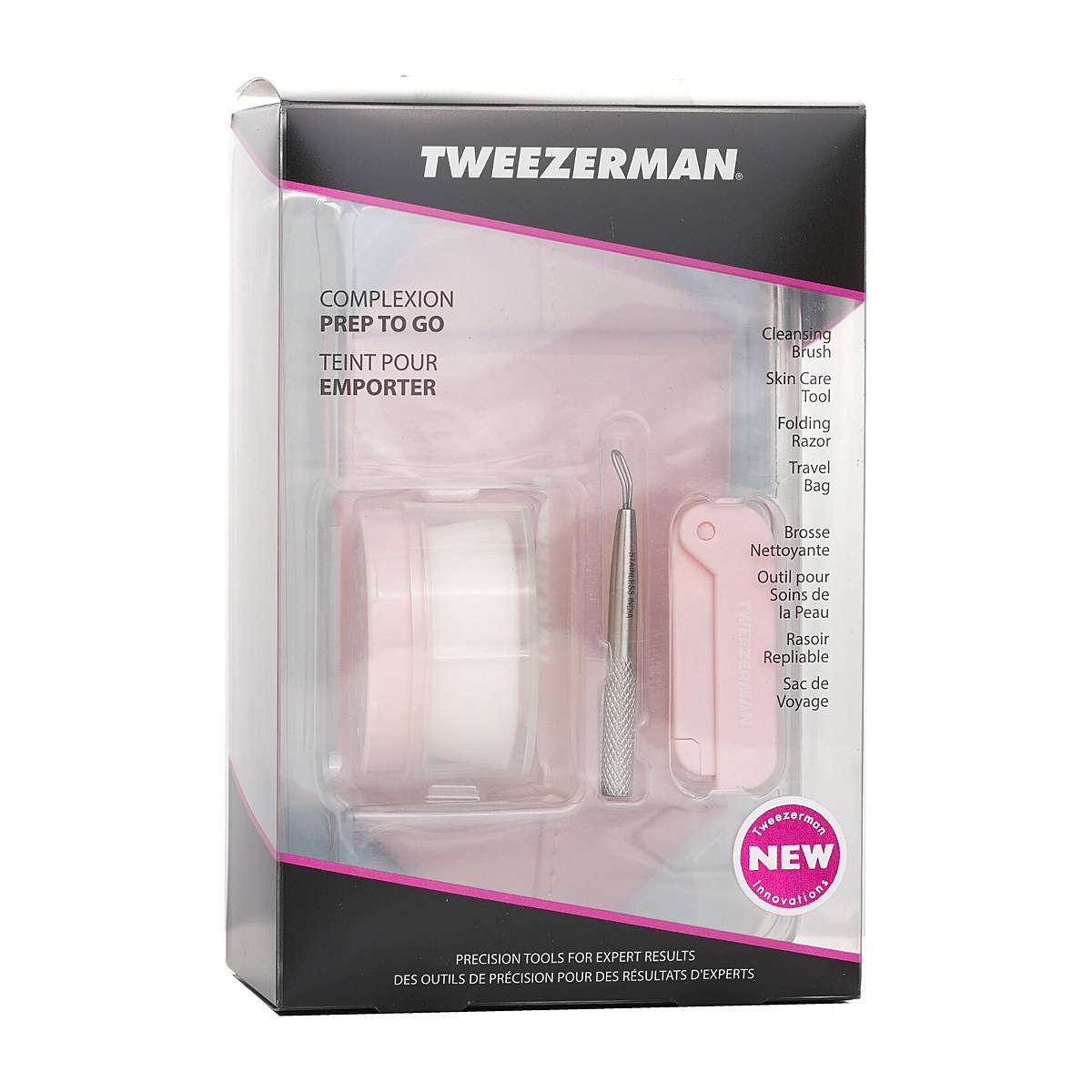 Tweezerman 컴플렉션 프렙 투 고 세트: 클렌징 브러쉬 + 스킨 케어 툴 + 폴딩 레이저 + 파우치 3pcs + 1 Bag