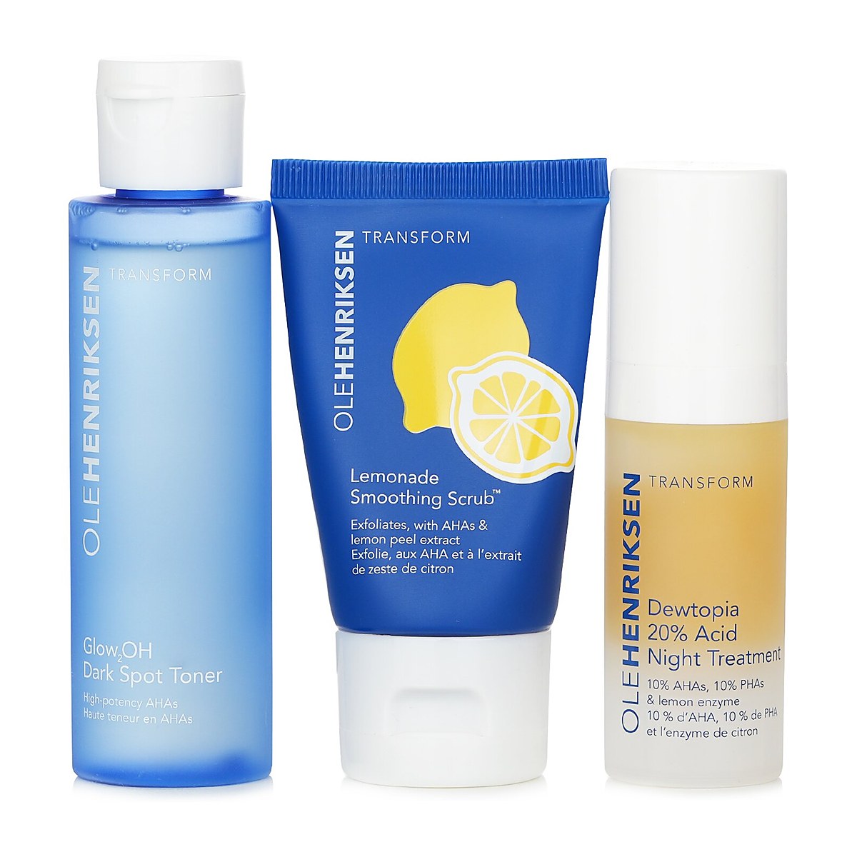 Ole Henriksen ชุด Acids Done Bright: สครับน้ำมะนาว 30g + Glow2OH Dark Spot Toner 65ml + Dewtopia 20% Acid Night Treatment 15ml 3pc
