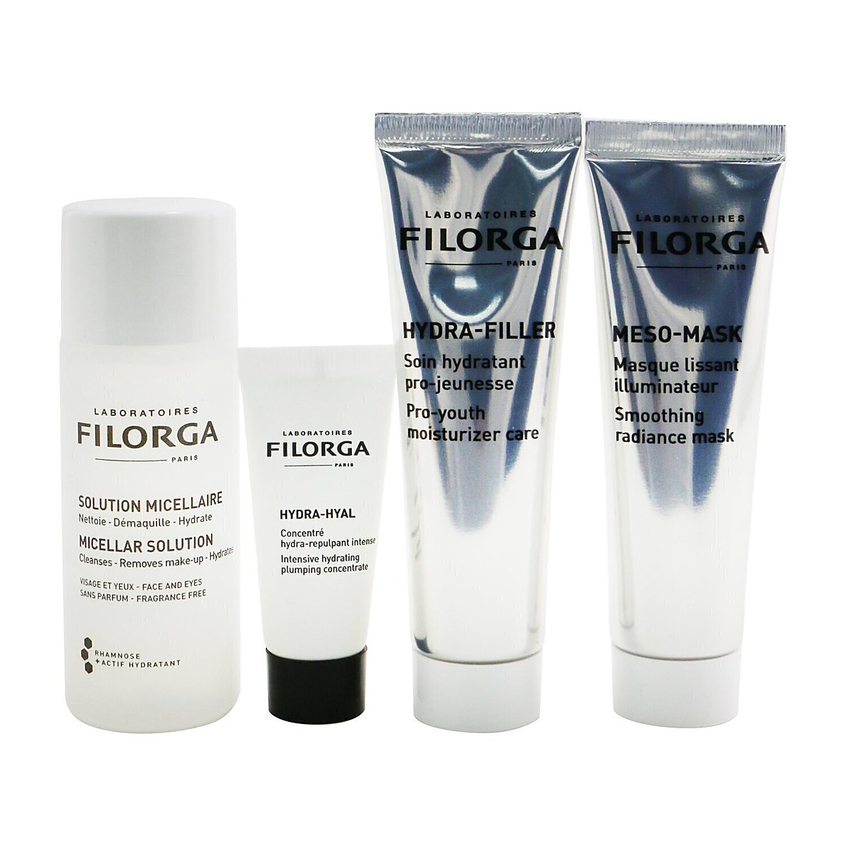 Filorga ชุดให้ความชุ่มชื้นเข้มข้น: Micellar Solution 50ml+Hydra-Hyal 7ml+Hydra-Filler 30ml+Meso Mask 30ml+Bag 4pcs+1bag