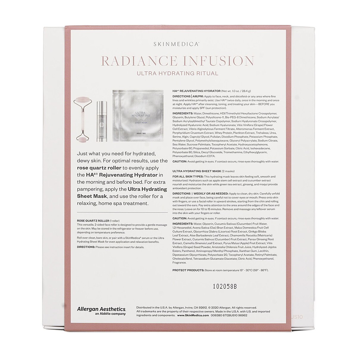 Skin Medica Radiance Infusion Ultra Hydrating Ritual Set: HA Rejuvenating Hydrator 28.4g + Ultra Hydrating Sheet Mask 2pcs + Rose Quartz Roller 4pcs